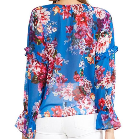 MISA Capriana Blouse Womens XL Blue Floral V-Neck Long Sleeve Top - Picture 6 of 7